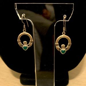 Sterling Silver Small Claddagh Earrings with green stone